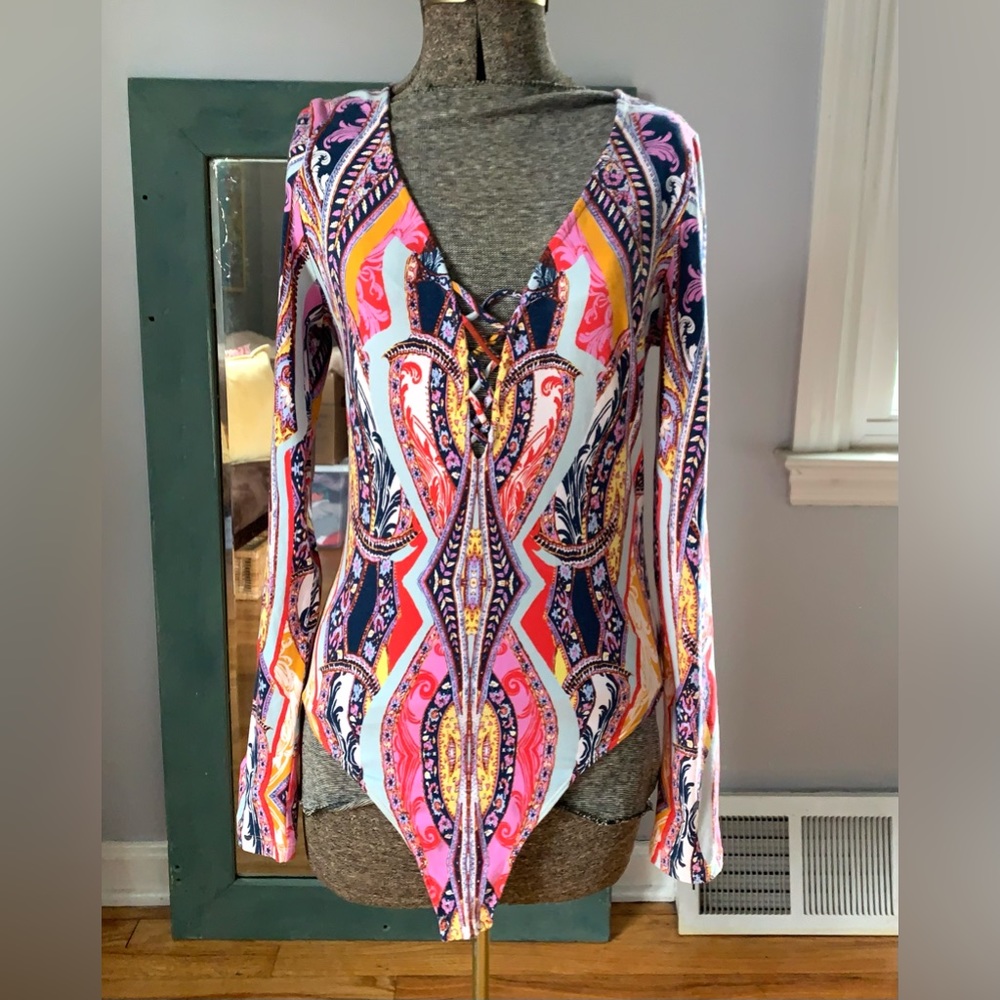 Free People Bodysuit Long Sleeve Top Boho Hippie Top Sz M - Picture 1 of 12